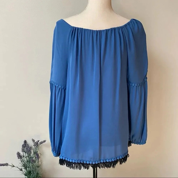 Tory Burch Silk Lace Tassel Tunic Blue Peasant Style Boho Blouse Size 4 - Picture 12 of 16